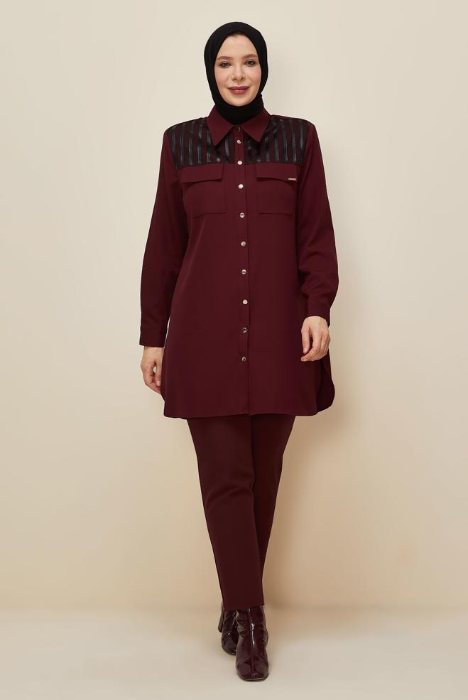 Vêtements hijab ROUGE BORDEAUX TUNIQUE COL CHEMISE 20862 - ALVİNA