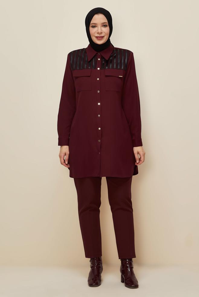 Vêtements hijab ROUGE BORDEAUX TUNIQUE COL CHEMISE 20862 - ALVİNA