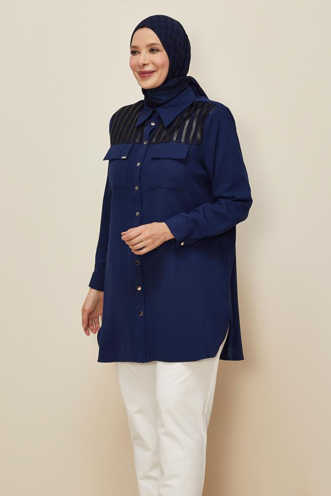 Vêtements hijab BLEU MARINE TUNIQUE COL CHEMISE 20862 - ALVİNA