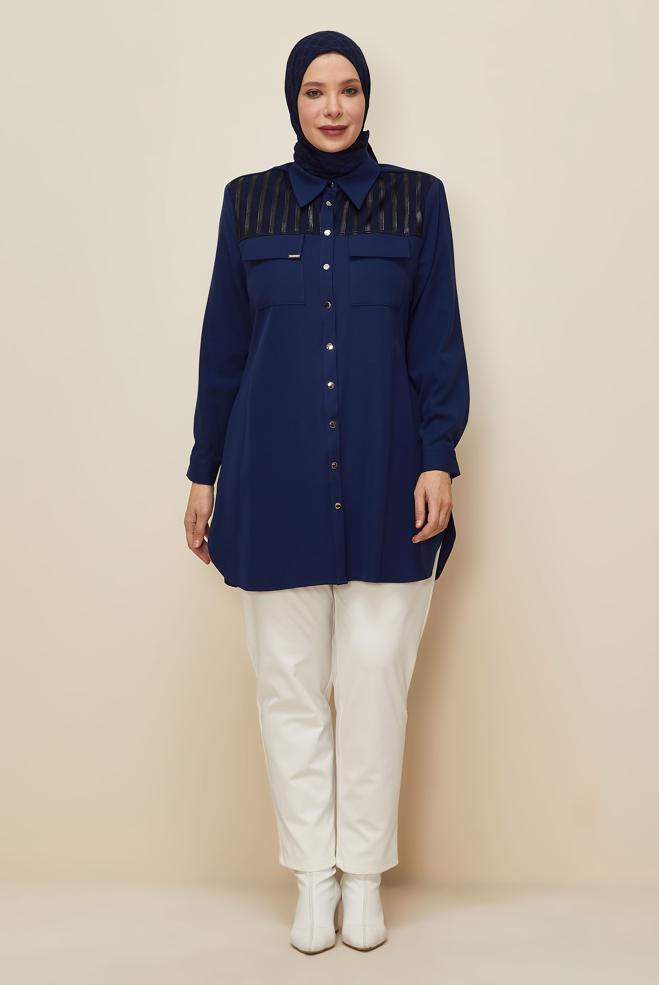 Vêtements hijab BLEU MARINE TUNIQUE COL CHEMISE 20862 - ALVİNA