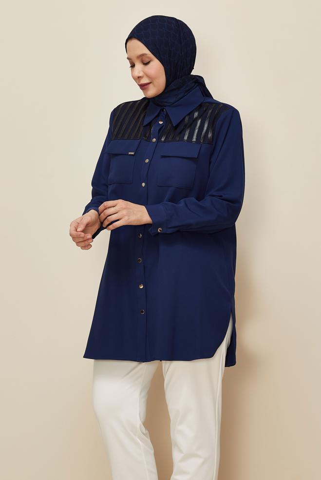 Vêtements hijab BLEU MARINE TUNIQUE COL CHEMISE 20862 - ALVİNA