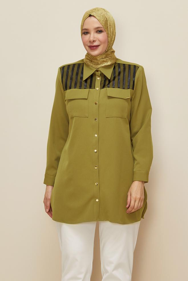 Vêtements hijab VERT TUNIQUE COL CHEMISE 20862 - ALVİNA