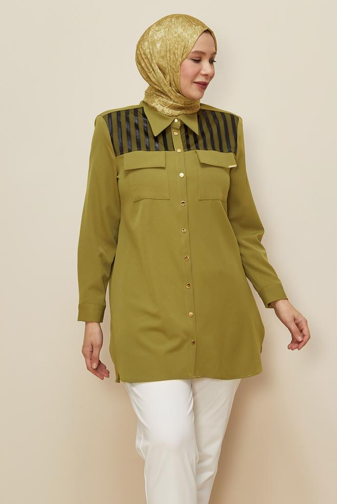 Vêtements hijab VERT TUNIQUE COL CHEMISE 20862 - ALVİNA