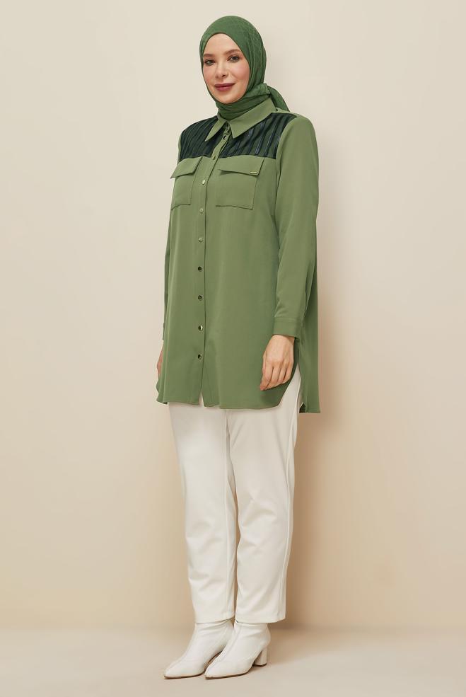 Vêtements hijab VERT TUNIQUE COL CHEMISE 20862 - ALVİNA