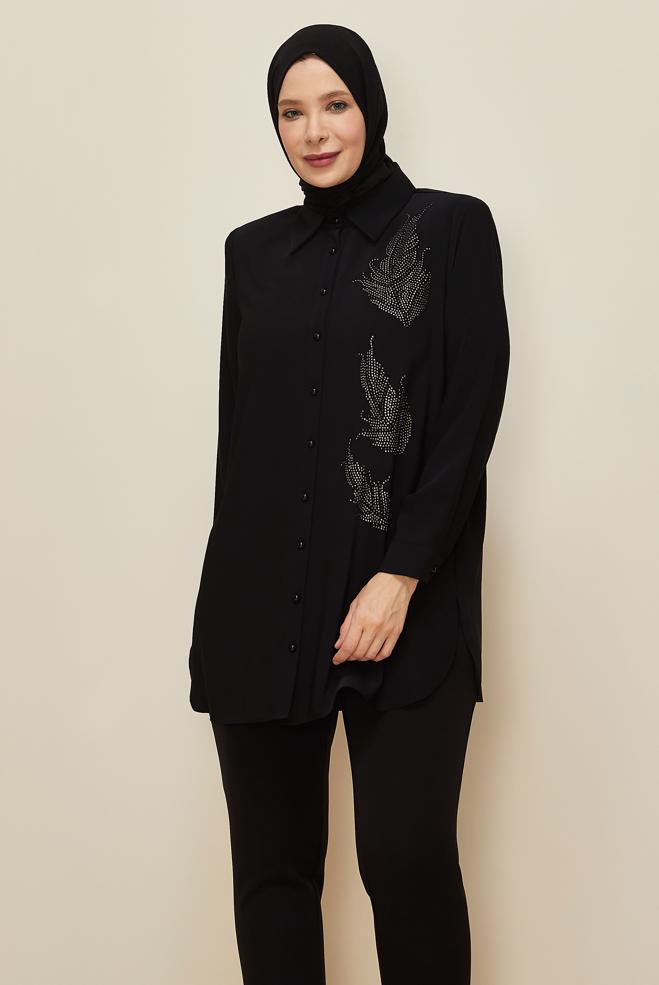 Vêtements hijab NOIR TUNIQUE BRODÉE DE GEMMES 20863 - ALVİNA