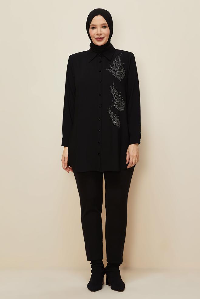 Vêtements hijab NOIR TUNIQUE BRODÉE DE GEMMES 20863 - ALVİNA
