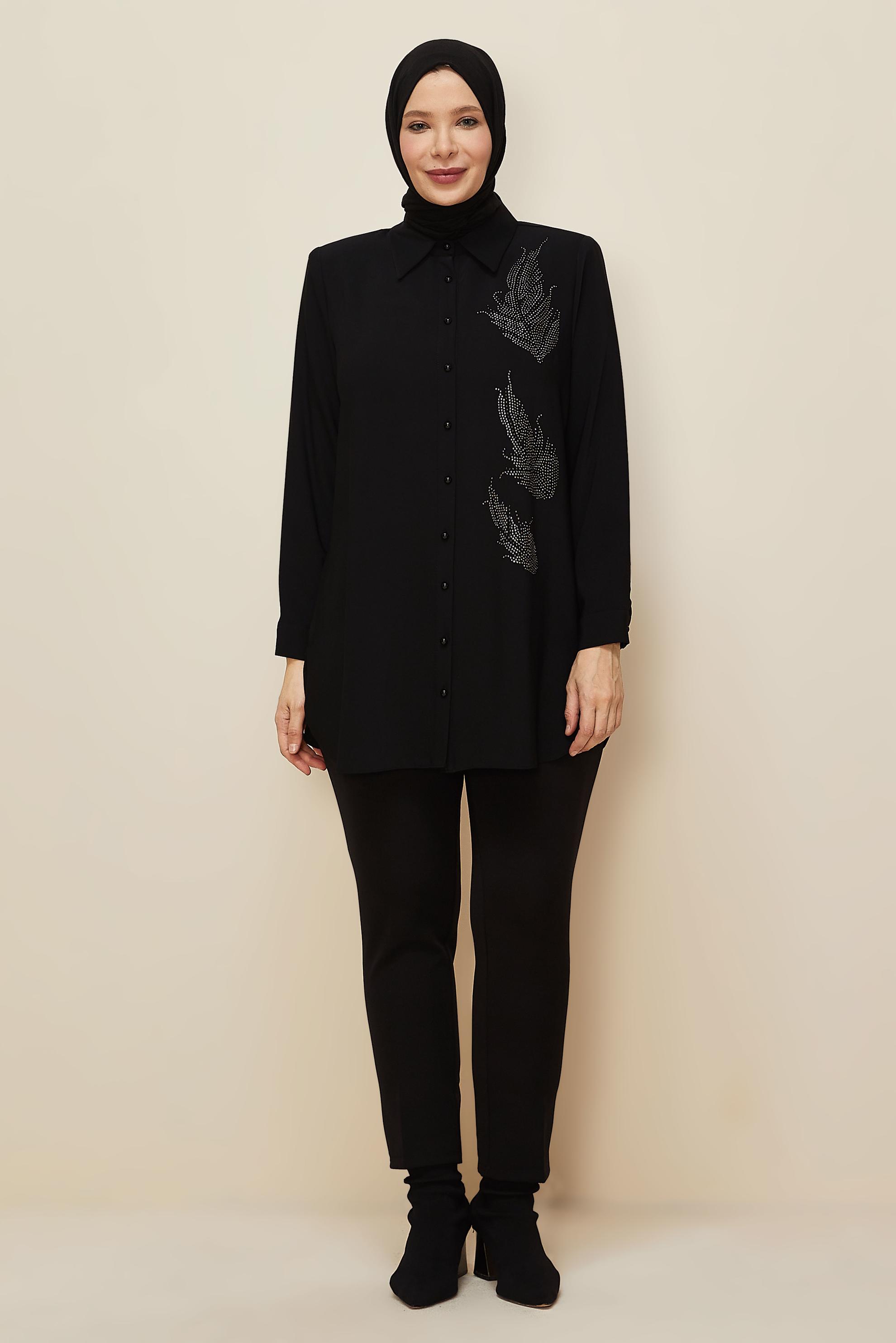 Vêtements hijab NOIR TUNIQUE BRODÉE DE GEMMES 20863