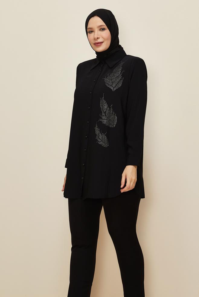 Vêtements hijab NOIR TUNIQUE BRODÉE DE GEMMES 20863 - ALVİNA