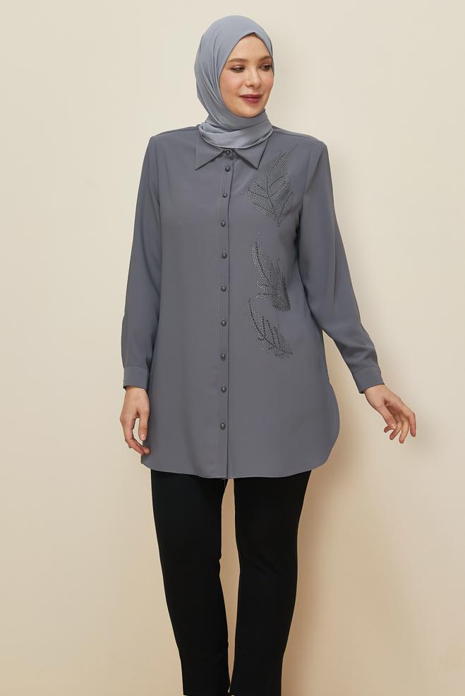 Vêtements hijab GRIS TUNIQUE BRODÉE DE GEMMES 20863 - ALVİNA
