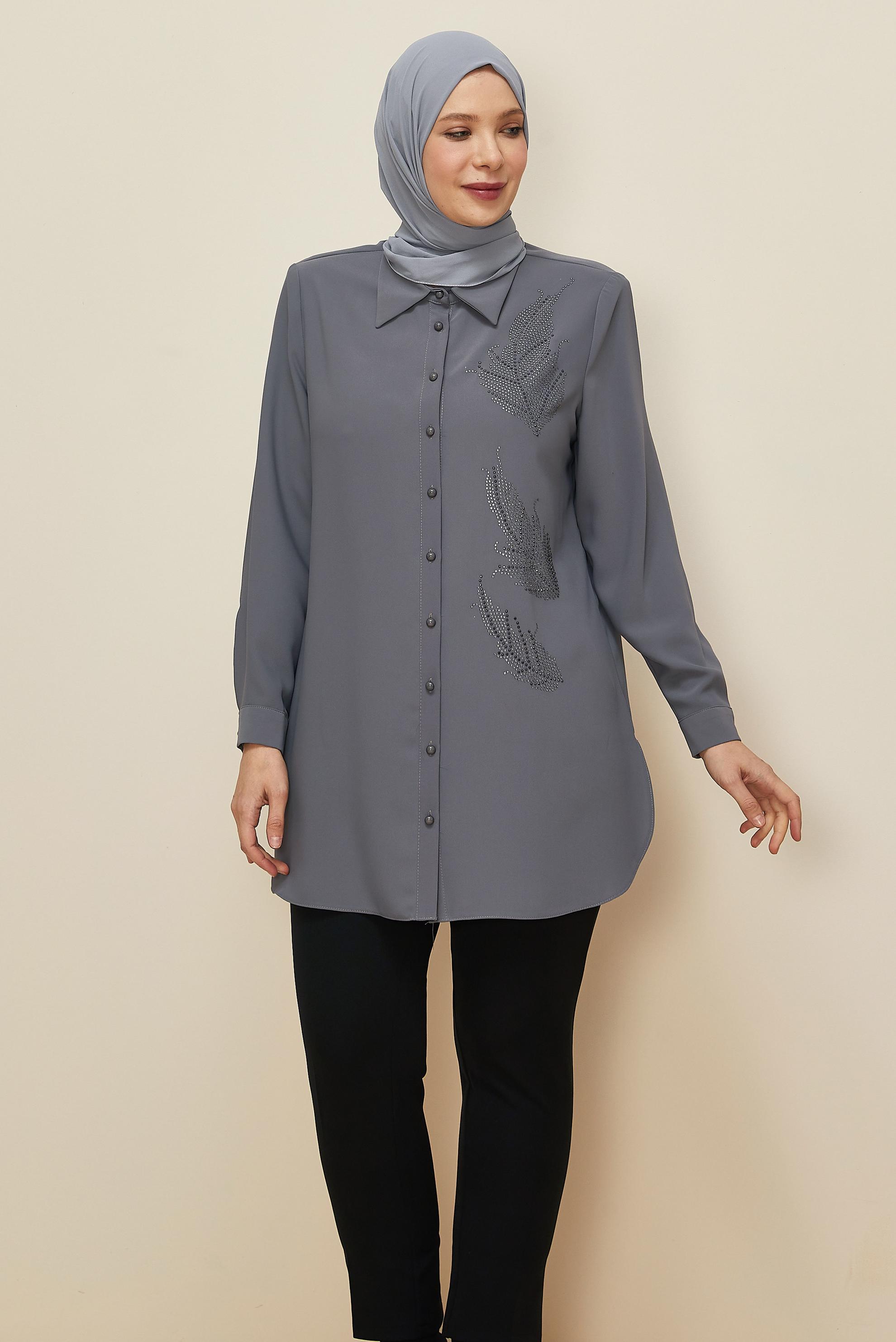 Vêtements hijab GRIS TUNIQUE BRODÉE DE GEMMES 20863