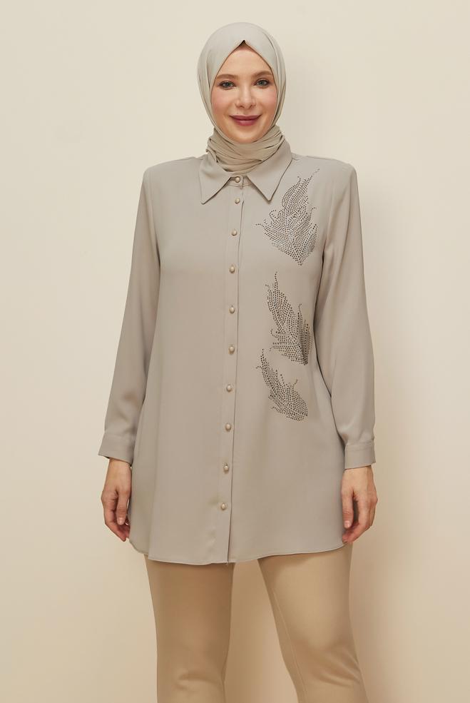 Vêtements hijab SABLE TUNIQUE BRODÉE DE GEMMES 20863 - ALVİNA