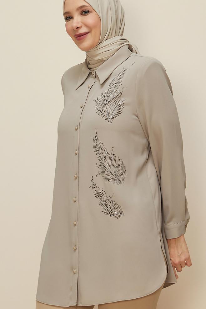 Vêtements hijab SABLE TUNIQUE BRODÉE DE GEMMES 20863 - ALVİNA
