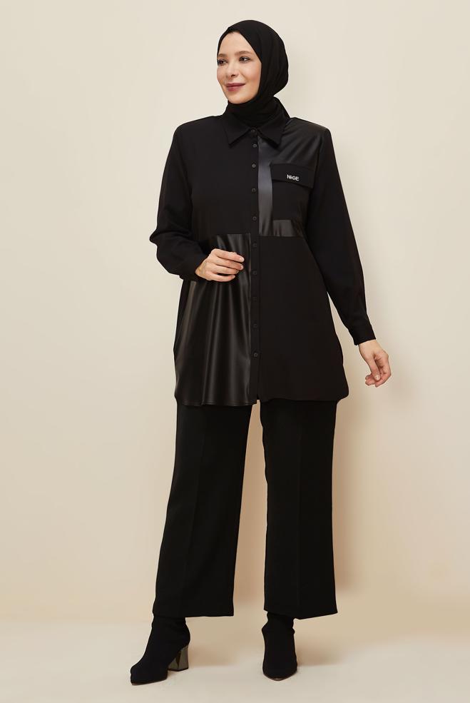 Vêtements hijab NOIR TUNIQUE COL CHEMISE 20864 - ALVİNA