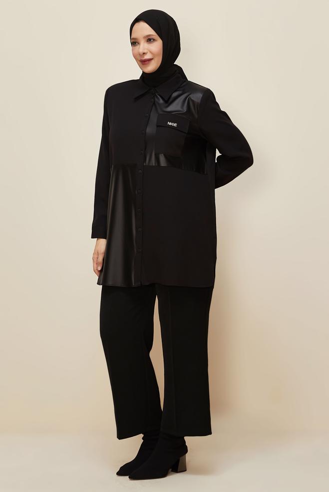 Vêtements hijab NOIR TUNIQUE COL CHEMISE 20864 - ALVİNA