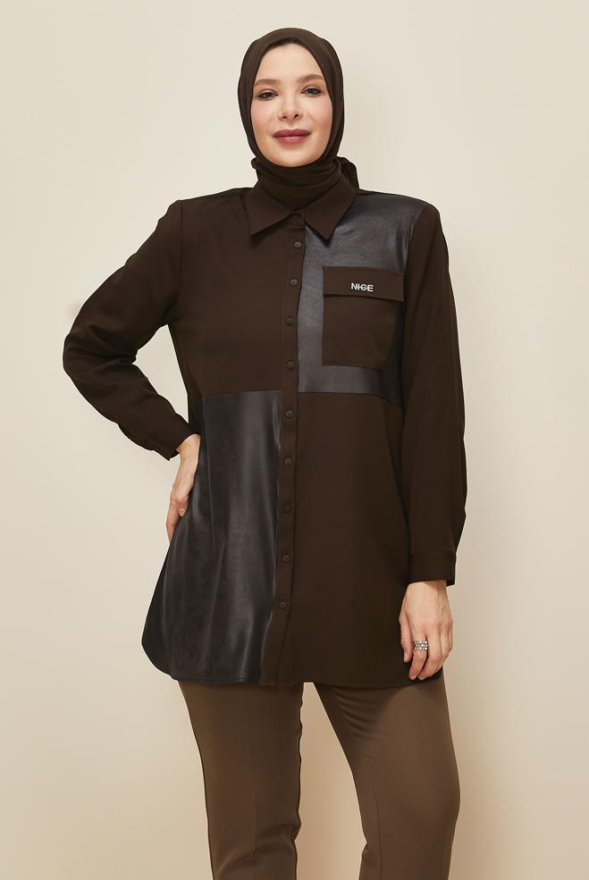 Vêtements hijab BRUN TUNIQUE COL CHEMISE 20864 - ALVİNA