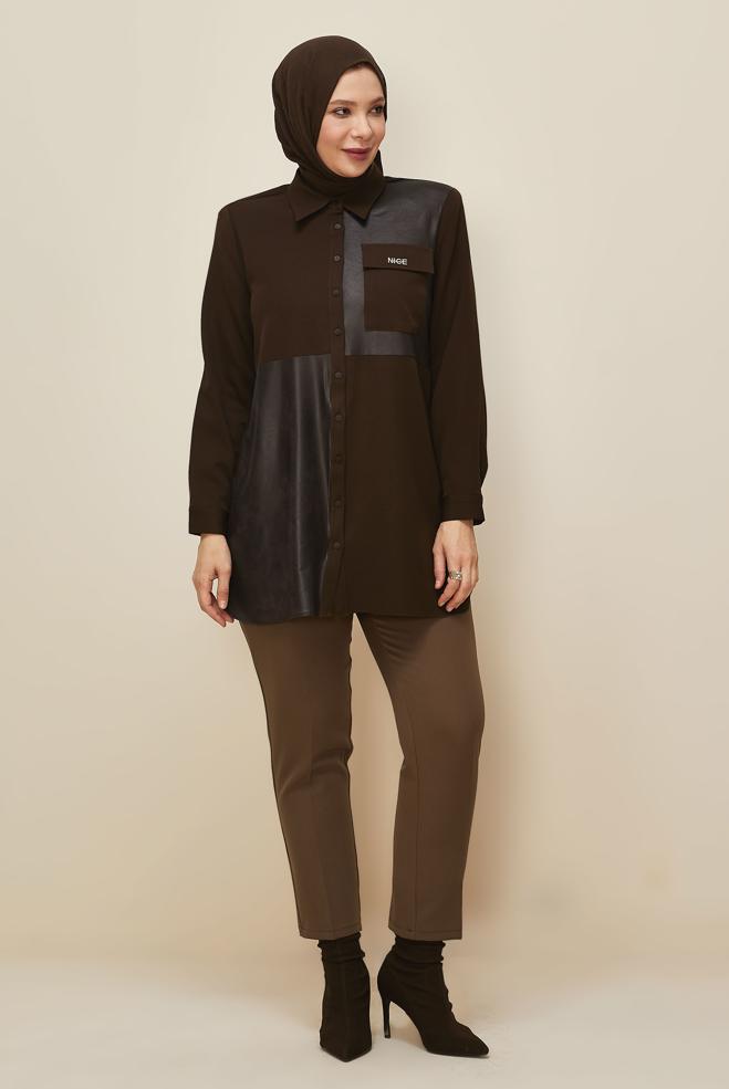 Vêtements hijab BRUN TUNIQUE COL CHEMISE 20864 - ALVİNA