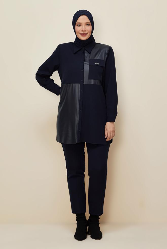 Vêtements hijab BLEU MARINE TUNIQUE COL CHEMISE 20864 - ALVİNA