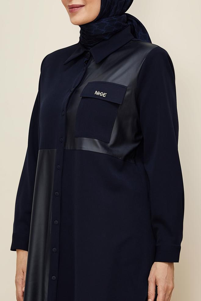 Vêtements hijab BLEU MARINE TUNIQUE COL CHEMISE 20864 - ALVİNA