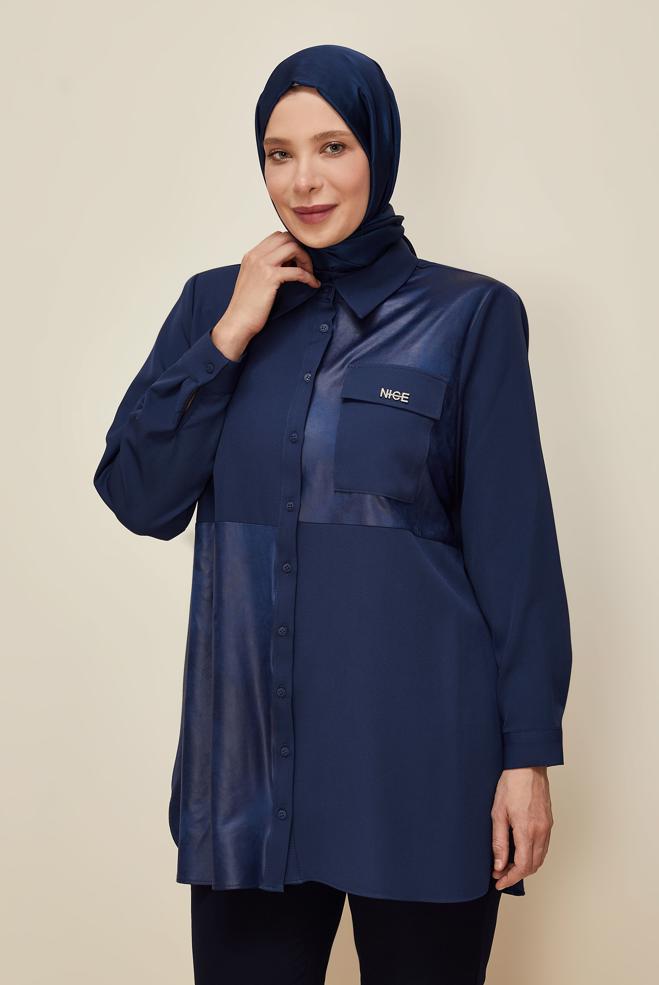 Vêtements hijab BLEU MARINE TUNIQUE COL CHEMISE 20864 - ALVİNA