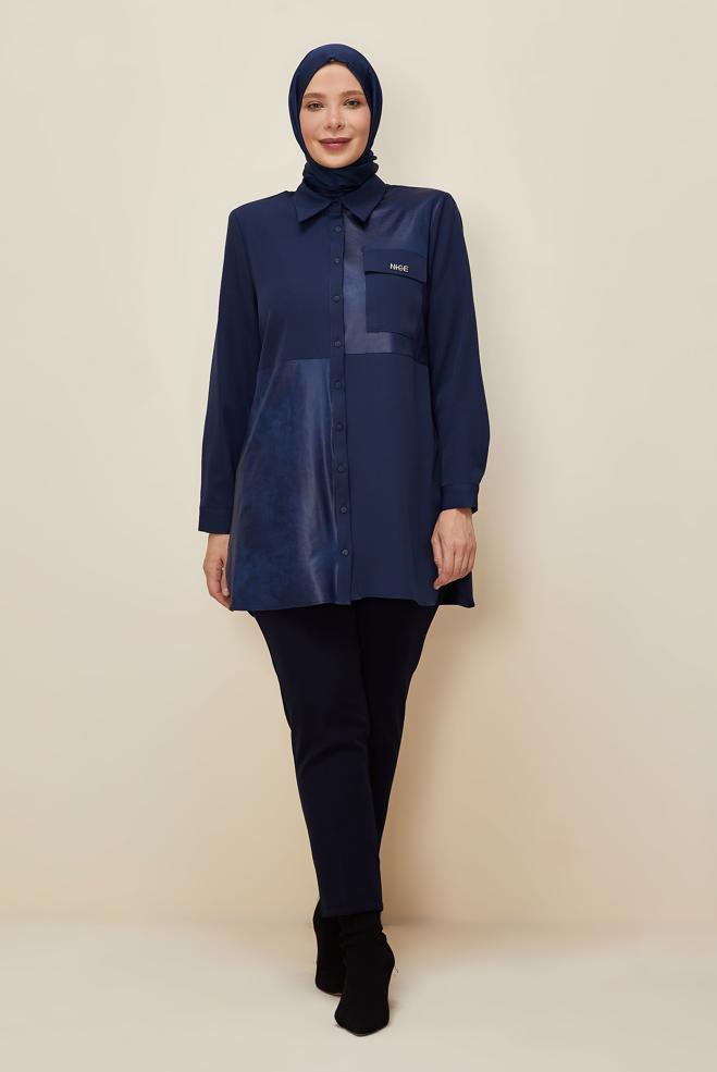 Vêtements hijab BLEU MARINE TUNIQUE COL CHEMISE 20864 - ALVİNA