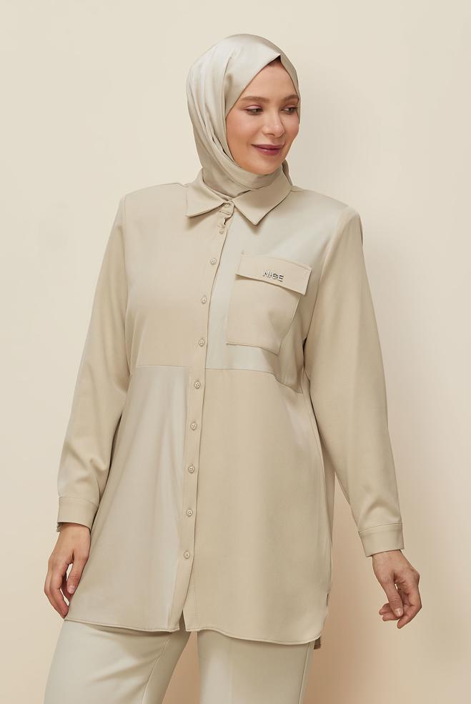 Vêtements hijab BEIGE TUNIQUE COL CHEMISE 20864 - ALVİNA
