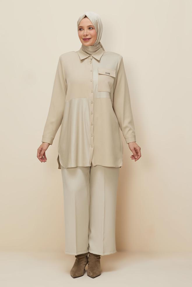Vêtements hijab BEIGE TUNIQUE COL CHEMISE 20864 - ALVİNA