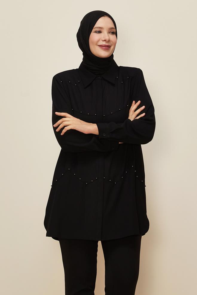 Vêtements hijab NOIR TUNIQUE COL CHEMISE 20865 - ALVİNA