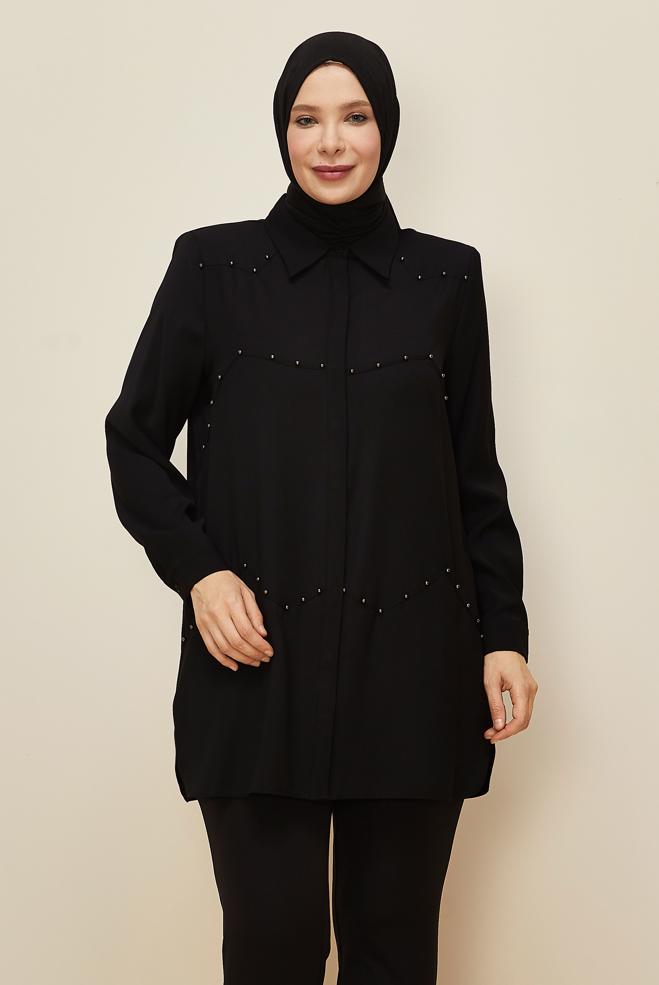 Vêtements hijab NOIR TUNIQUE COL CHEMISE 20865 - ALVİNA