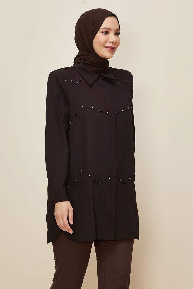 Vêtements hijab BRUN TUNIQUE COL CHEMISE 20865 - ALVİNA