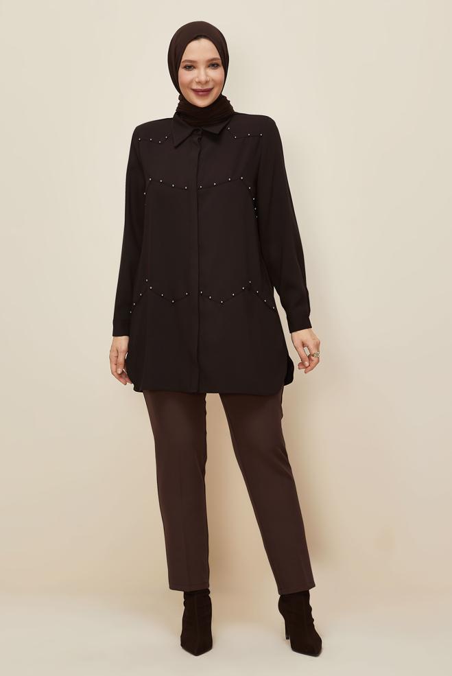 Vêtements hijab BRUN TUNIQUE COL CHEMISE 20865 - ALVİNA