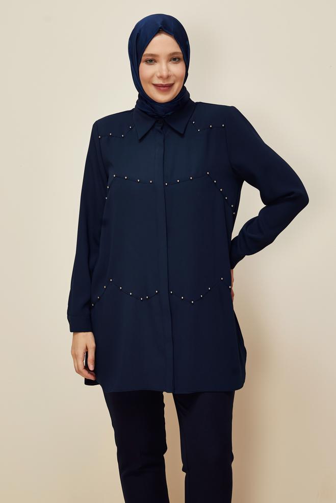 Vêtements hijab BLEU MARINE TUNIQUE COL CHEMISE 20865 - ALVİNA