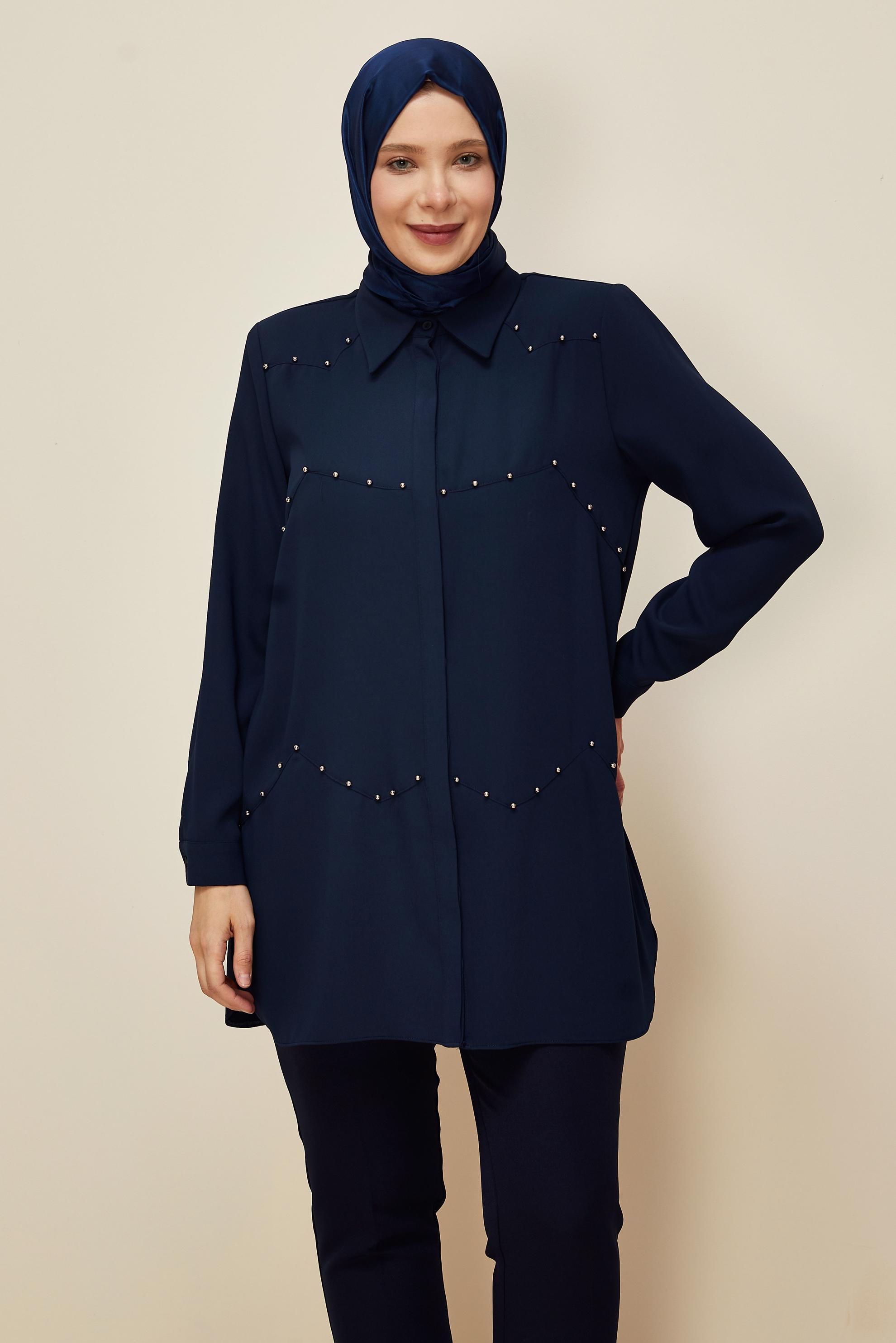 Vêtements hijab BLEU MARINE TUNIQUE COL CHEMISE 20865