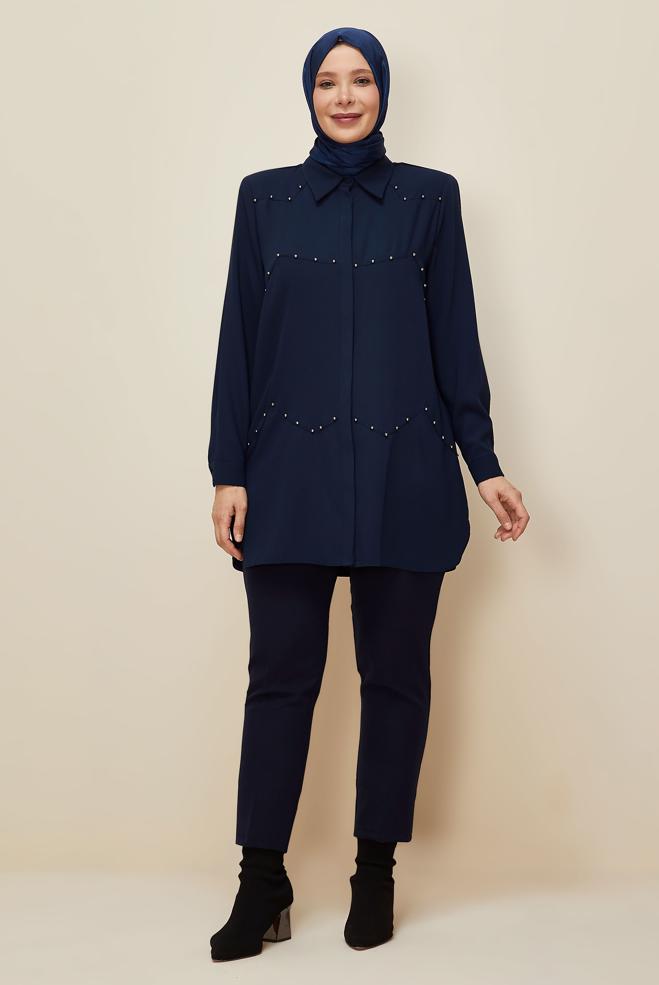 Vêtements hijab BLEU MARINE TUNIQUE COL CHEMISE 20865 - ALVİNA