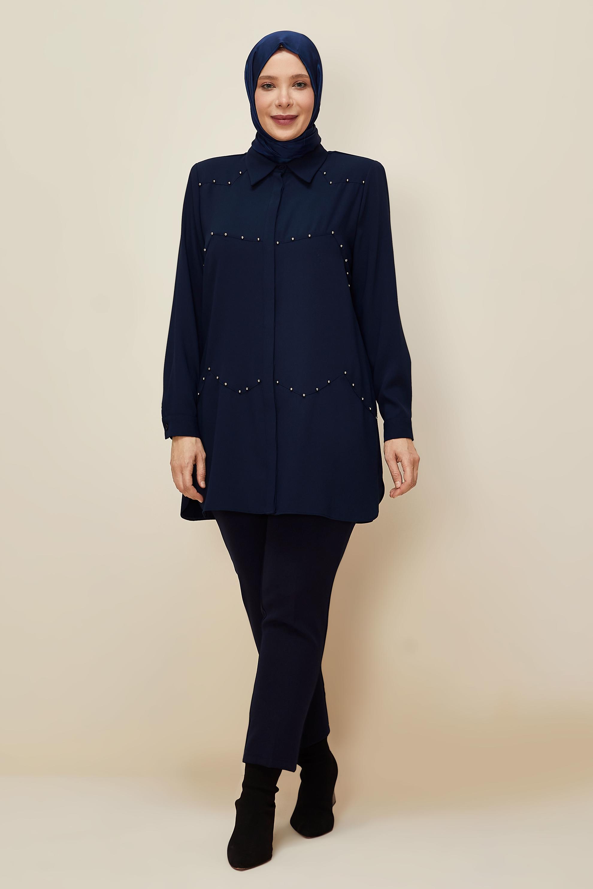 Vêtements hijab BLEU MARINE TUNIQUE COL CHEMISE 20865