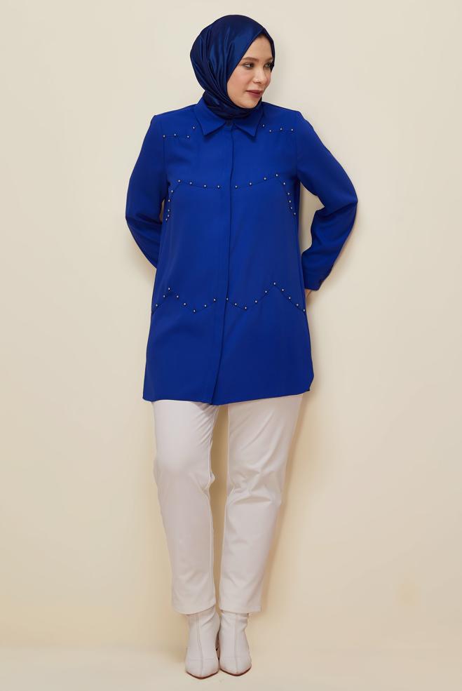 Vêtements hijab BLEU MARINE TUNIQUE COL CHEMISE 20865 - ALVİNA
