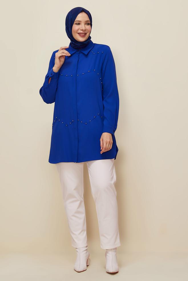 Vêtements hijab BLEU MARINE TUNIQUE COL CHEMISE 20865 - ALVİNA