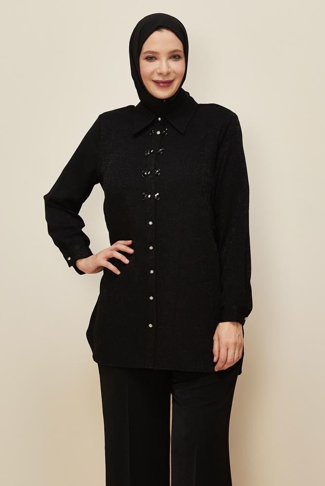 Vêtements hijab NOIR TUNIQUE JACQUARD 20866 - ALVİNA