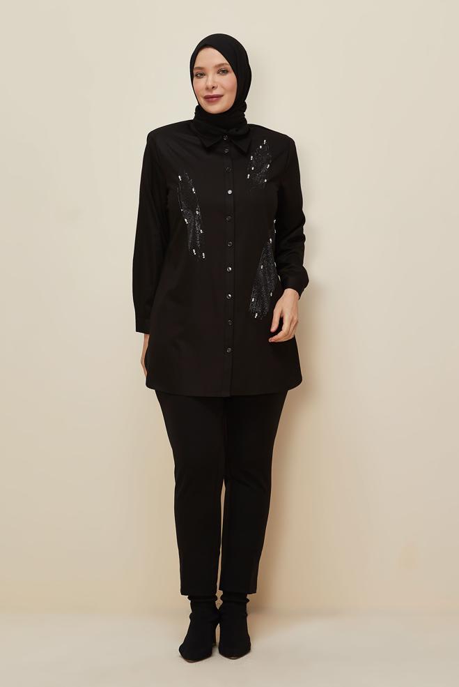 Vêtements hijab NOIR TUNIQUE BRODÉE DE GEMMES 20867 - ALVİNA