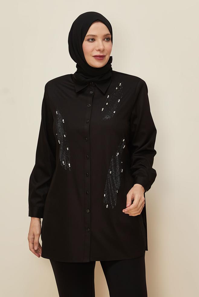 Vêtements hijab NOIR TUNIQUE BRODÉE DE GEMMES 20867 - ALVİNA