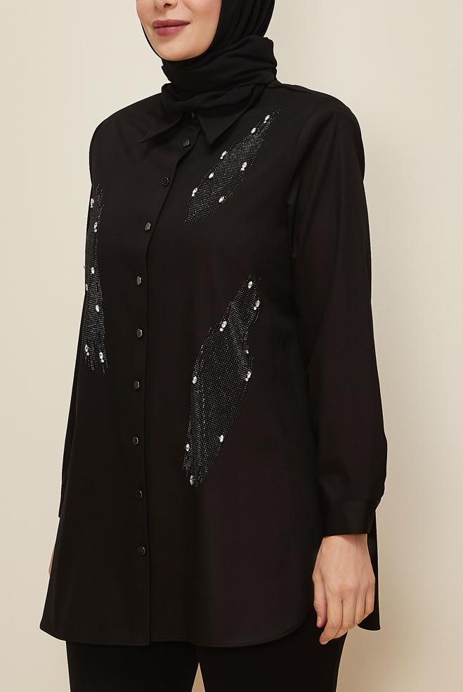 Vêtements hijab NOIR TUNIQUE BRODÉE DE GEMMES 20867 - ALVİNA