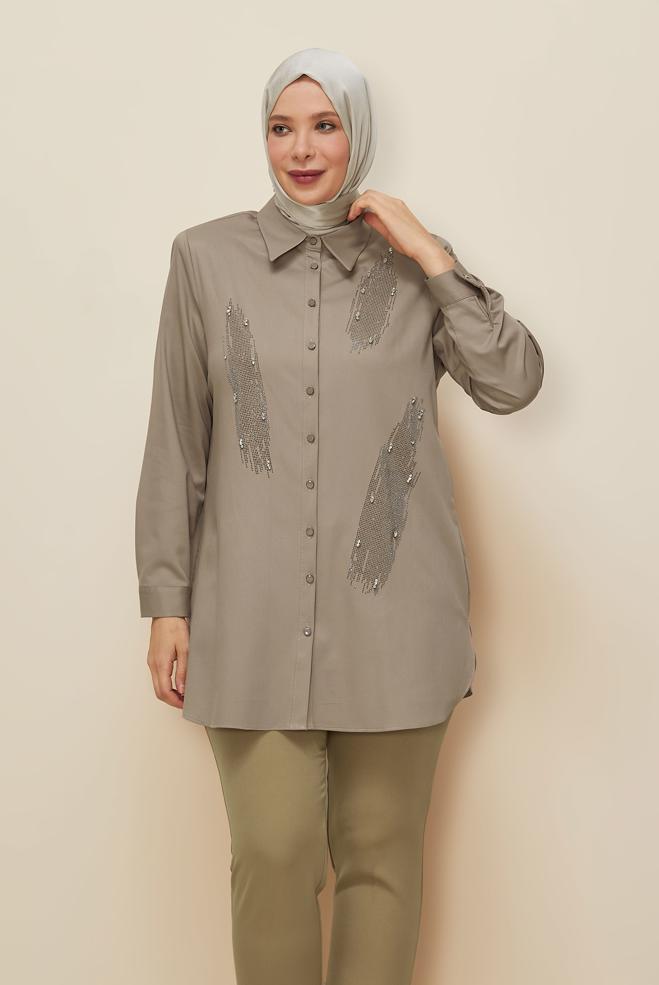 Vêtements hijab BEIGE TUNIQUE BRODÉE DE GEMMES 20867 - ALVİNA