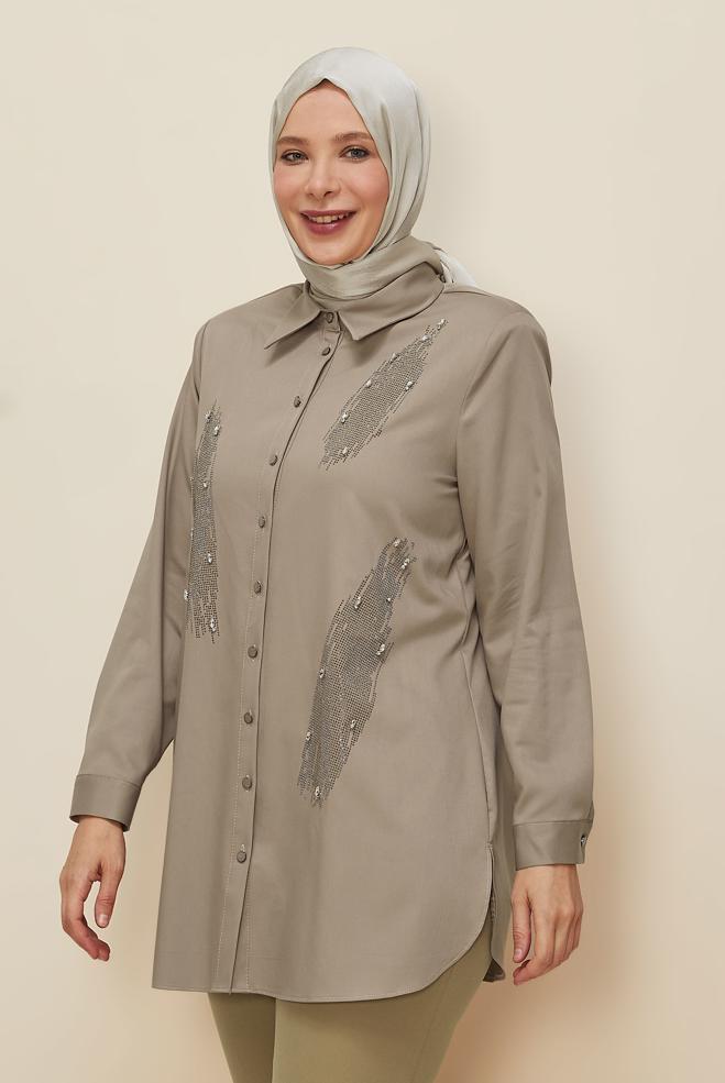 Vêtements hijab BEIGE TUNIQUE BRODÉE DE GEMMES 20867 - ALVİNA