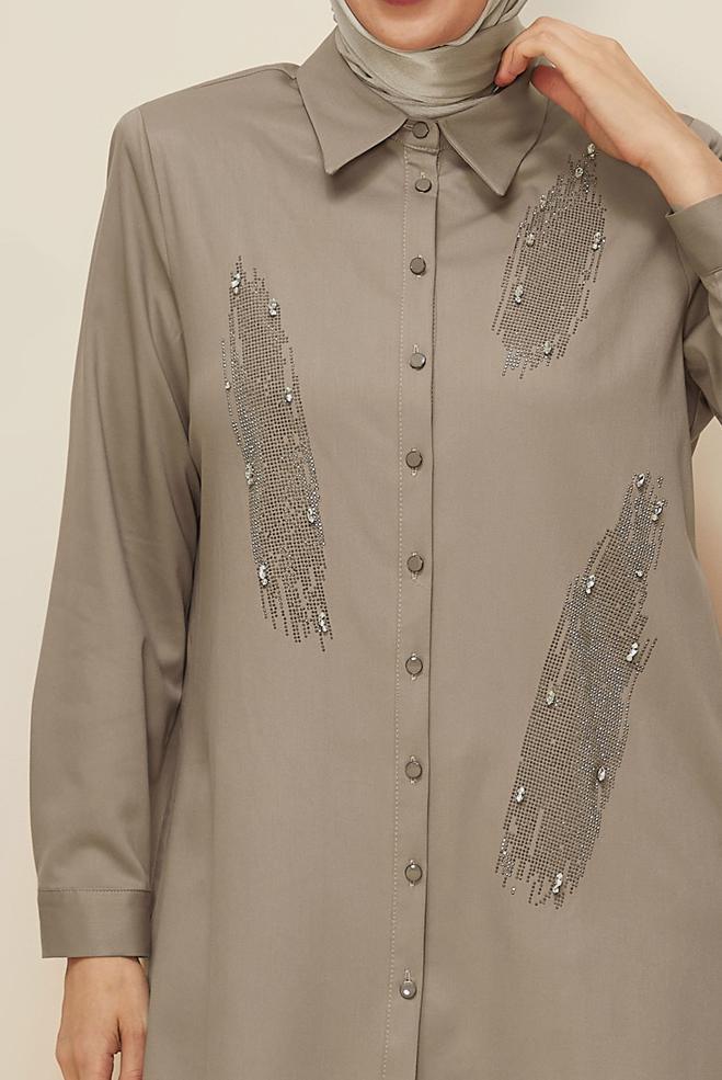Vêtements hijab BEIGE TUNIQUE BRODÉE DE GEMMES 20867 - ALVİNA
