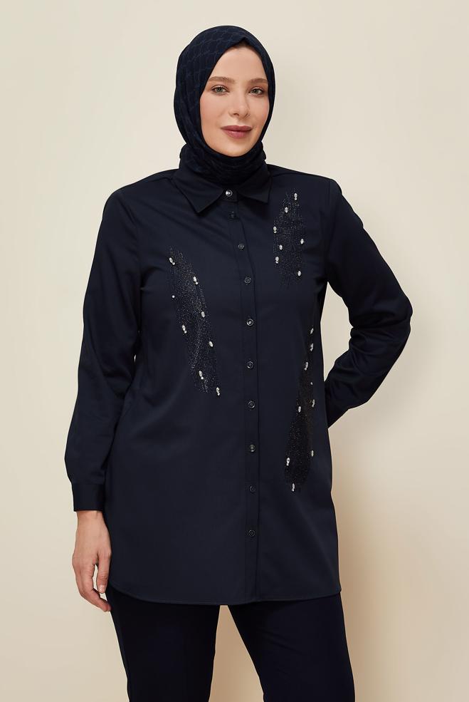 Vêtements hijab BLEU MARINE TUNIQUE BRODÉE DE GEMMES 20867 - ALVİNA