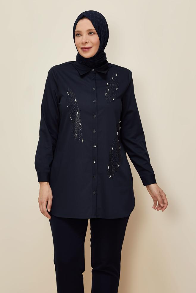 Vêtements hijab BLEU MARINE TUNIQUE BRODÉE DE GEMMES 20867 - ALVİNA