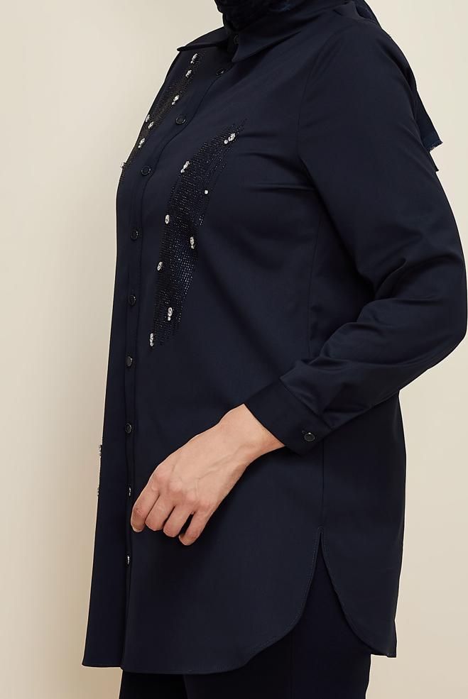 Vêtements hijab BLEU MARINE TUNIQUE BRODÉE DE GEMMES 20867 - ALVİNA