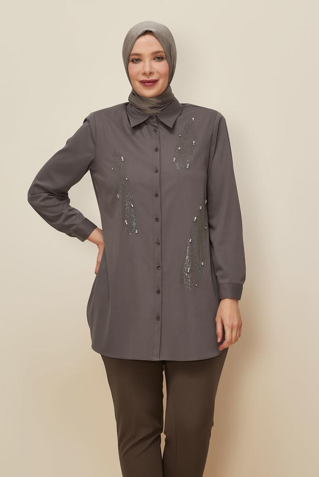 Vêtements hijab VISON TUNIQUE BRODÉE DE GEMMES 20867 - ALVİNA