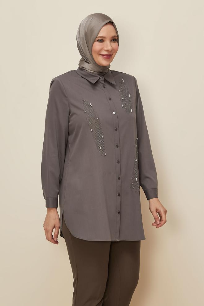 Vêtements hijab VISON TUNIQUE BRODÉE DE GEMMES 20867 - ALVİNA
