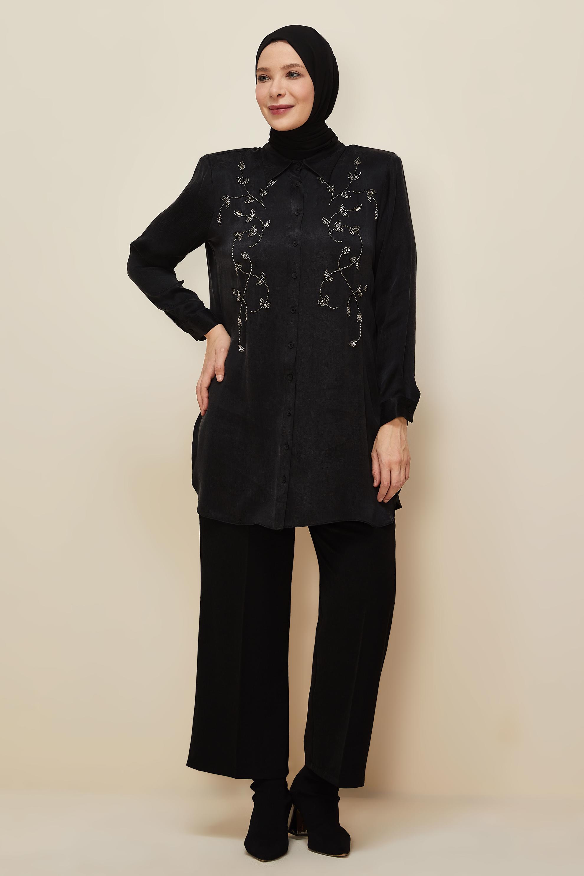 Vêtements hijab NOIR TUNIQUE BRODÉE DE PERLES 20875