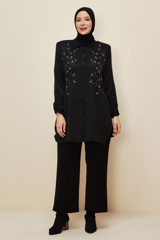 Vêtements hijab NOIR TUNIQUE BRODÉE DE PERLES 20875 - ALVİNA
